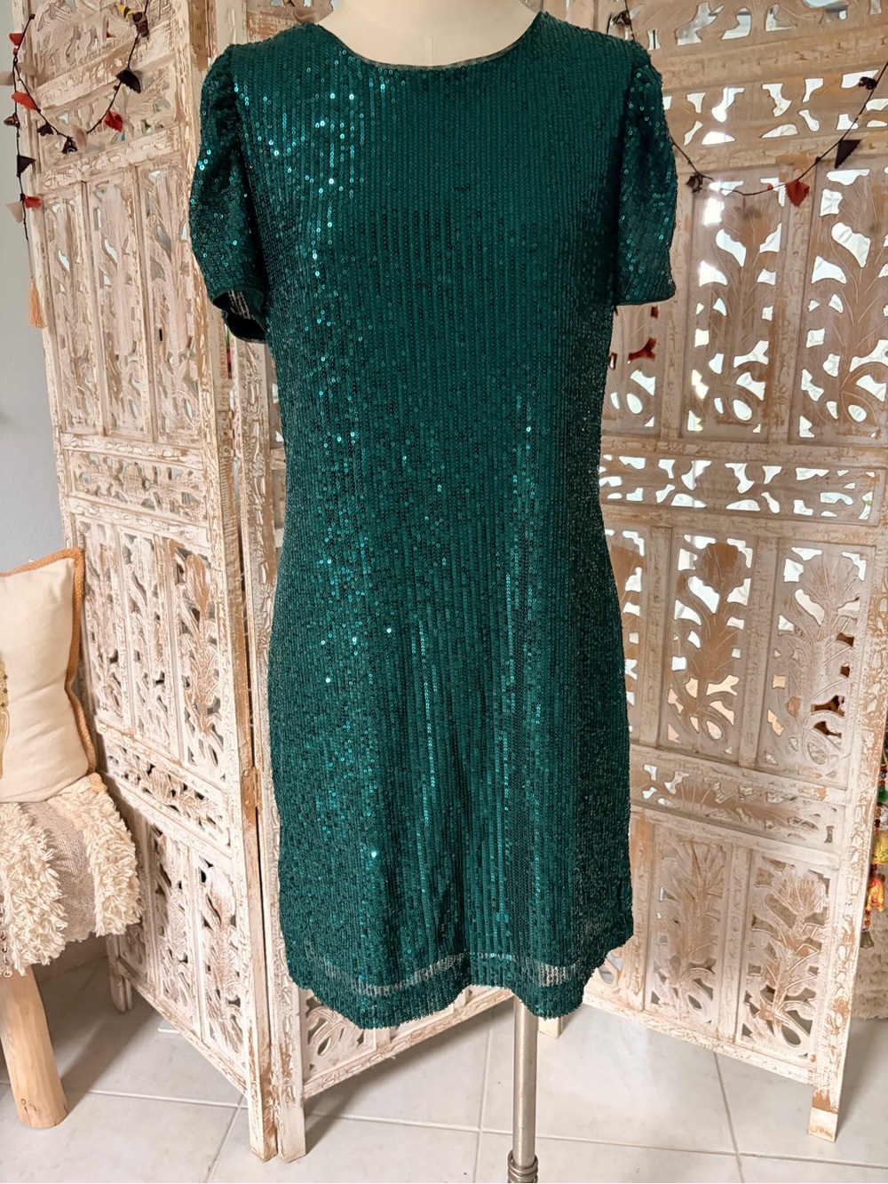 Dkny Emerald Green Sequin Short Sleeve Dress